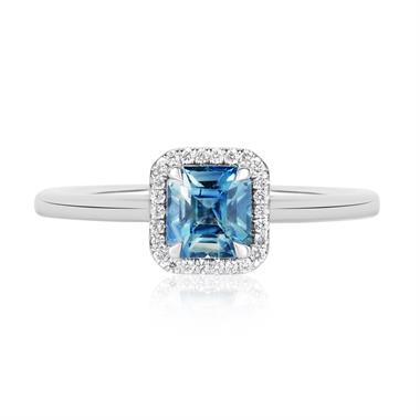 Platinum Asscher Cut Teal Sapphire and Diamond Halo Ring thumbnail