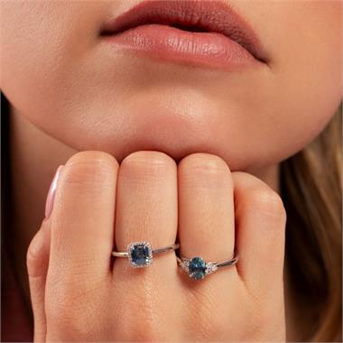 Platinum Asscher Cut Teal Sapphire and Diamond Halo Ring thumbnail