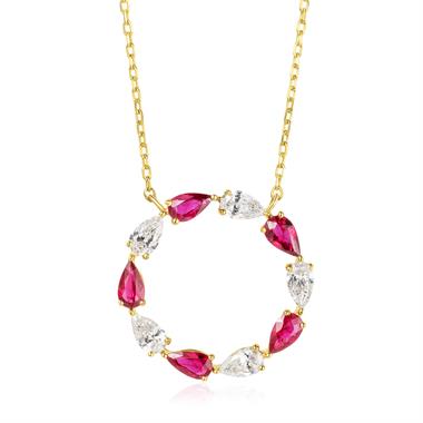 18ct Yellow Gold Ruby and Diamond Cricle Necklace thumbnail