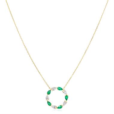 18ct Yellow Gold Emerald and Diamond Cricle Necklace thumbnail