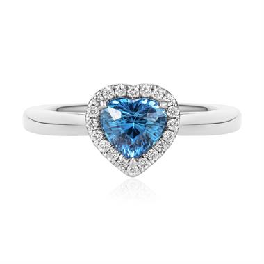 Platinum Heart Teal Sapphire Halo Engagement Ring thumbnail