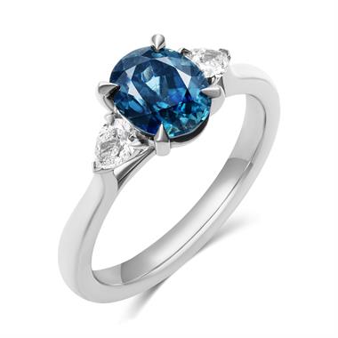 Platinum Oval Teal Sapphire and Diamond Three Stone Ring thumbnail
