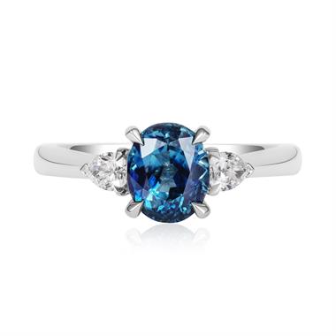 Platinum Oval Teal Sapphire and Diamond Three Stone Ring thumbnail