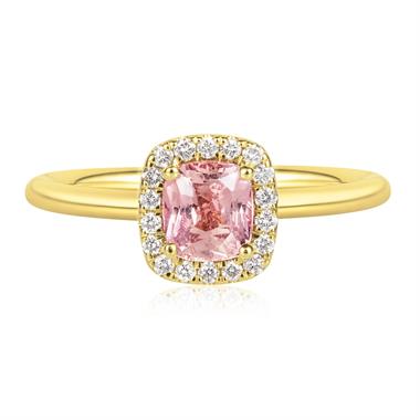 18ct Yellow Gold Cushion Padparadscha Sapphire and Diamond Halo Ring thumbnail
