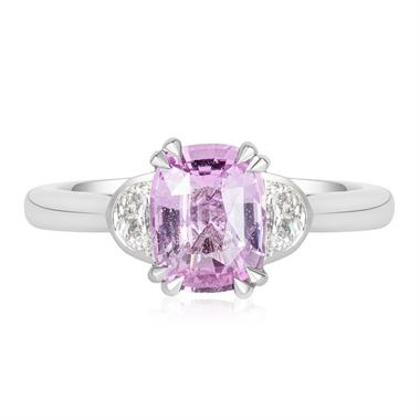 Platinum Cushion Cut PinkSapphire and Diamond Three Stone Ring thumbnail