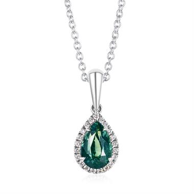 Camellia 18ct White Gold Pear Teal Sapphire and Diamond Pendant thumbnail