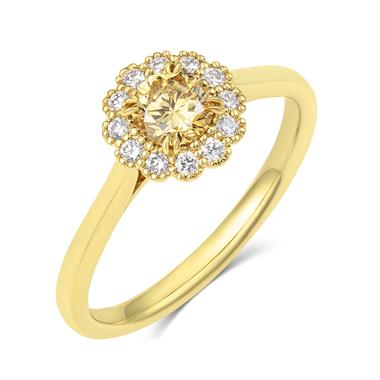 18ct Yellow Gold Round Fancy Colour Diamond Halo Ring thumbnail