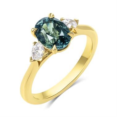 18ct Yellow Gold Oval Bi-Colour Sapphire and Diamond Three Stone Ring thumbnail
