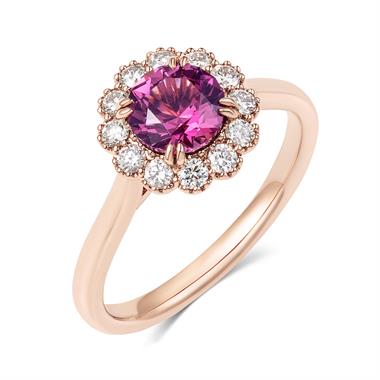 18ct Rose Gold Round Rhodolite Garnet and Diamond Halo Ring thumbnail