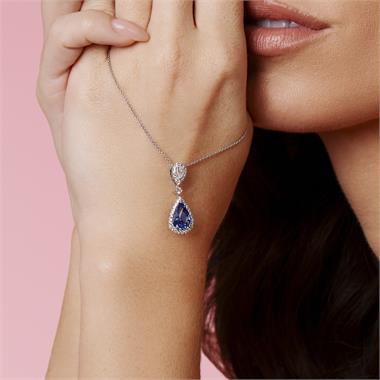 18ct White Gold Sapphire and Diamond Halo Necklace thumbnail