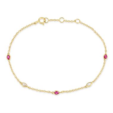 18ct Yellow Gold Pear Ruby and Diamond Bezel Set Station Bracelet thumbnail 