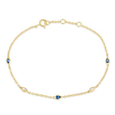 18ct Yellow Gold Pear Sapphire and Diamond Bezel Set Station Bracelet thumbnail 