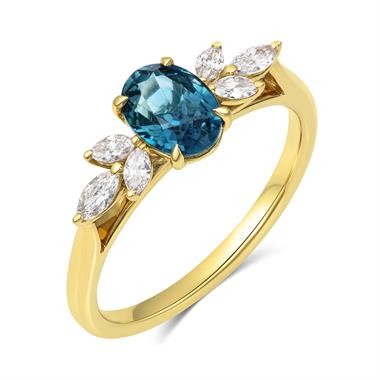 18ct Yellow Gold Oval Teal Sapphire and Marquise Diamond Engagement Ring thumbnail