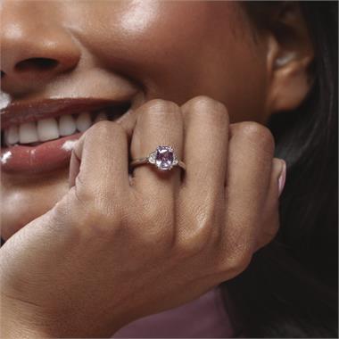 Platinum Cushion Cut PinkSapphire and Diamond Three Stone Ring thumbnail