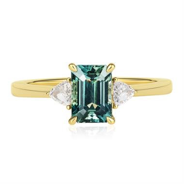 18ct Yellow Gold Emerald Cut Teal Sapphire and Diamond Engagement Ring thumbnail