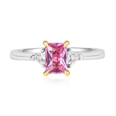 Platinum Padparadscha Sapphire and Diamond Three Stone Ring thumbnail