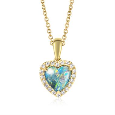 18ct Yellow Gold Black Opal and Diamond Halo Heart Pendant thumbnail 