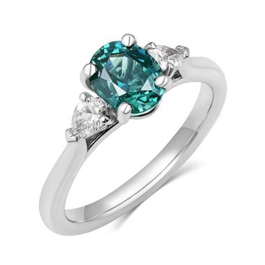 Platinum Oval Teal Sapphire and Diamond Three Stone Ring thumbnail 