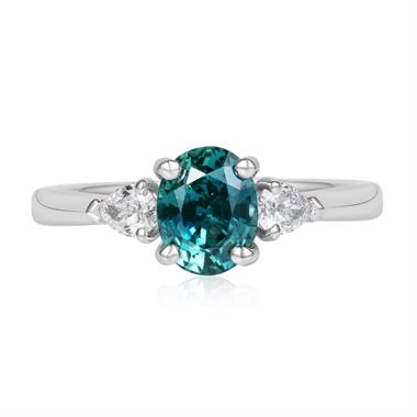 Platinum Oval Teal Sapphire and Diamond Three Stone Ring thumbnail