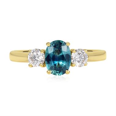 18ct Yellow Gold Teal Sapphire and Diamond Three Stone Engagement Ring thumbnail