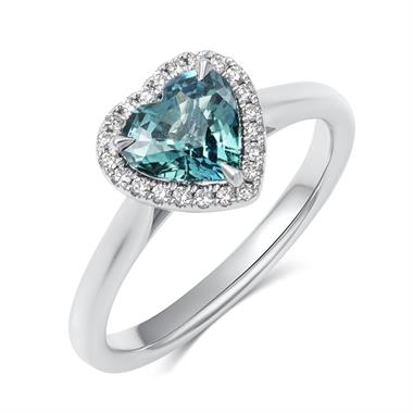 Platinum Heart Teal Sapphire Halo Engagement Ring thumbnail