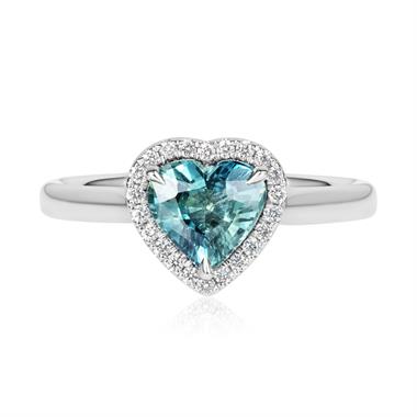 Platinum Heart Teal Sapphire Halo Engagement Ring thumbnail