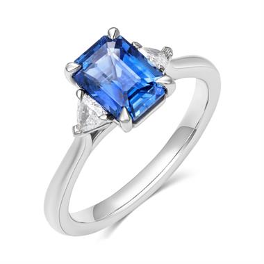 Platinum Emerald Cut Sapphire and Diamond Three Stone Ring thumbnail