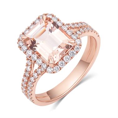 18ct Rose Gold Emerald Cut Morganite and Diamond Halo Dress Ring thumbnail 