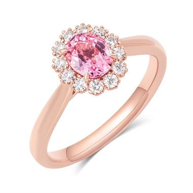 18ct Rose Gold Oval Padparadscha Sapphire and Diamond Halo Ring thumbnail 