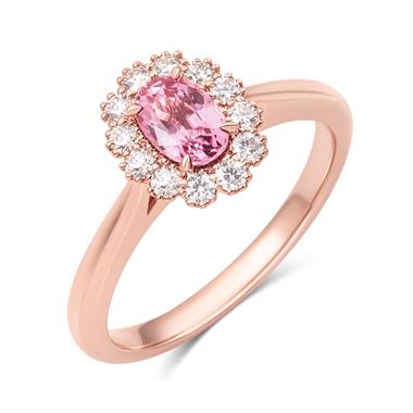 18ct Rose Gold Oval Padparadscha Sapphire and Diamond Halo Ring thumbnail 