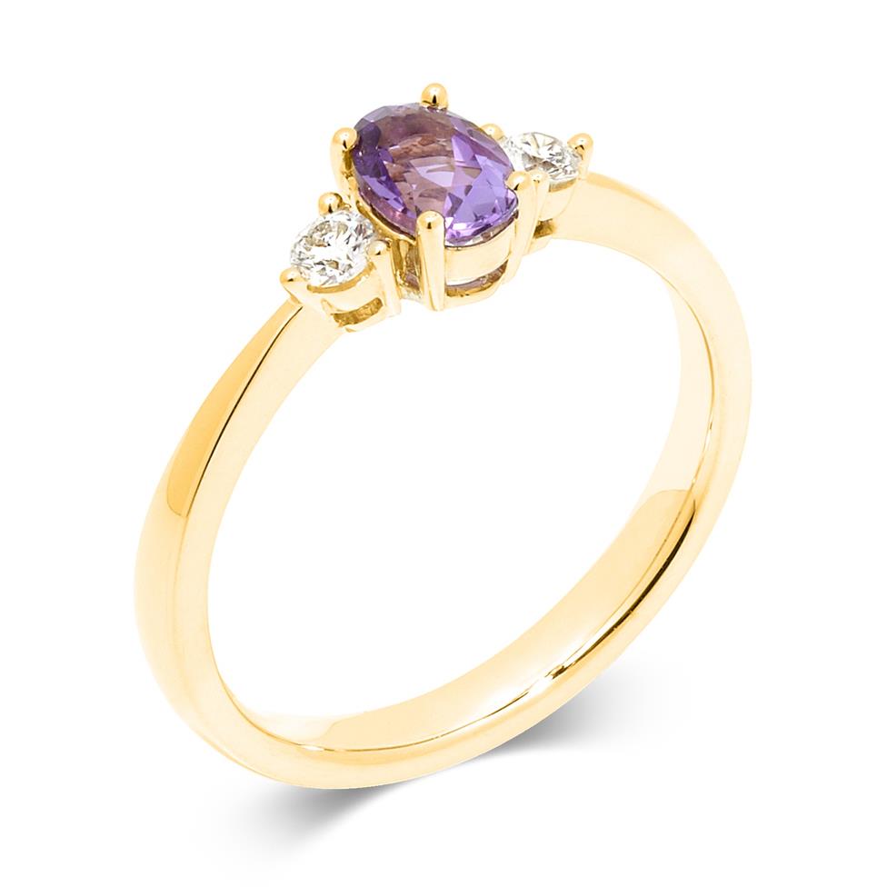 18ct Yellow Gold Amethyst and Diamond Three Stone Dress Ring Thumbnail Image 0