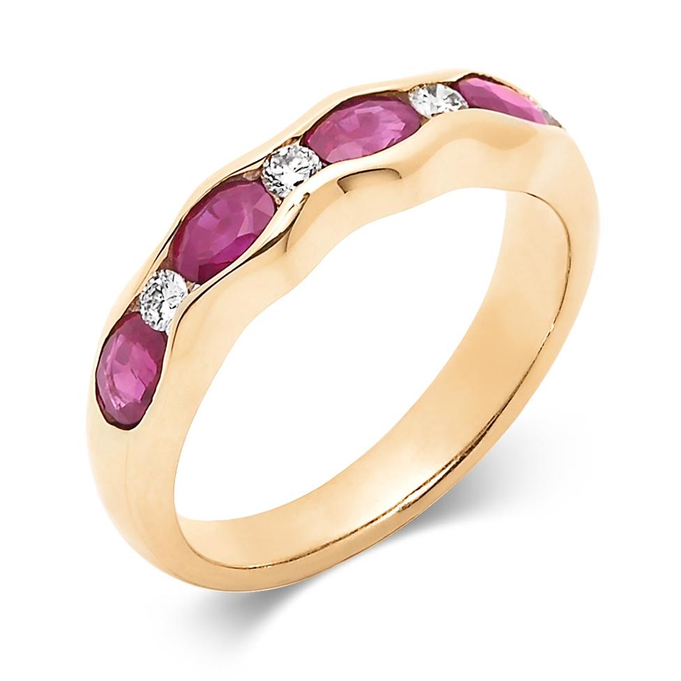 18ct Yellow Gold Oval Ruby and Diamond Half Eternity Ring Thumbnail Image 0
