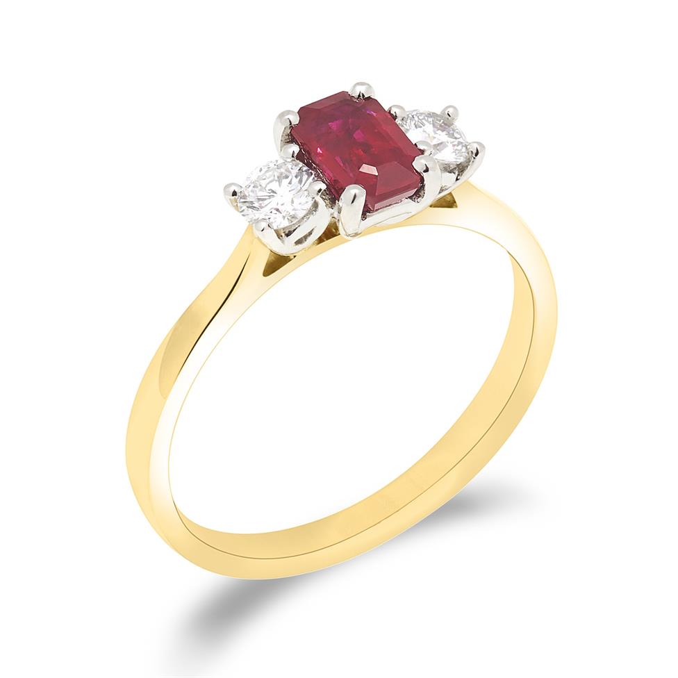 18ct Yellow Gold Emerald Cut Ruby and Diamond Three Stone Engagement Ring Thumbnail Image 0