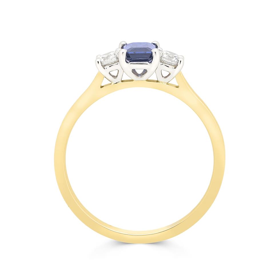 18ct Yellow Gold Emerald Cut Sapphire and Diamond Three Stone Engagement Ring Thumbnail Image 1