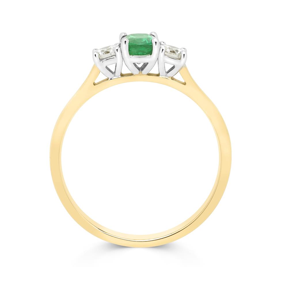 18ct Yellow Gold Oval Emerald and Diamond Three Stone Ring Thumbnail Image 1