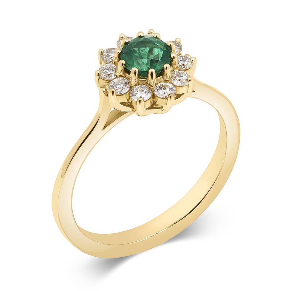 18ct Yellow Gold Emerald and Diamond Cluster Engagement Ring Thumbnail Image 0