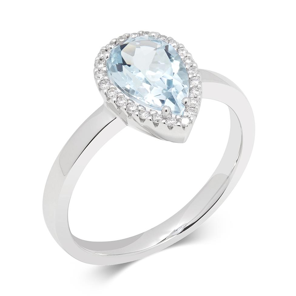 18ct White Gold Pear Shape Blue Topaz and Diamond Halo Dress Ring Thumbnail Image 0