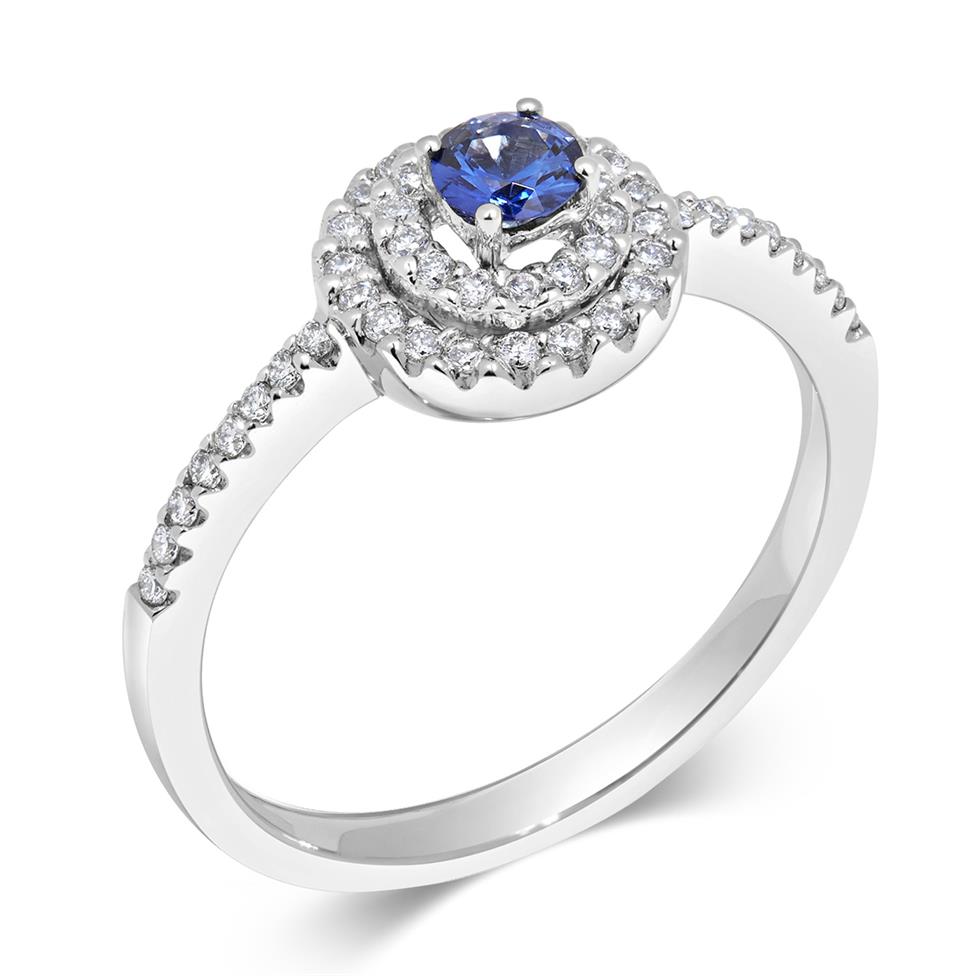 18ct White Gold Sapphire and Diamond Double Halo Ring Thumbnail Image 0