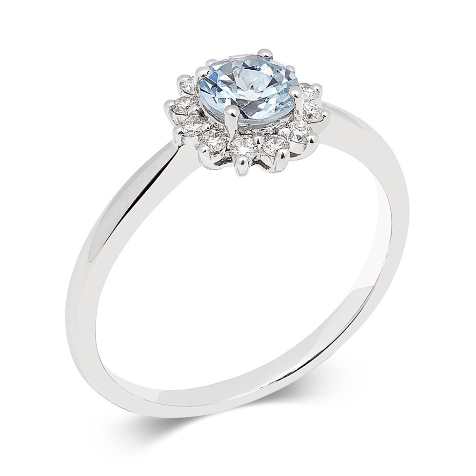 18ct White Gold Aquamarine and Diamond Cluster Dress Ring Thumbnail Image 0