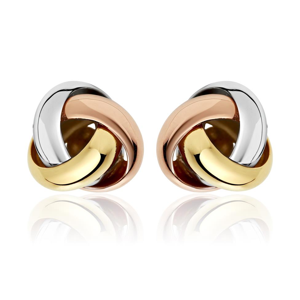 Echo 18ct Yellow, White and Rose Gold Knot Design Stud Earrings 9mm Thumbnail Image 0