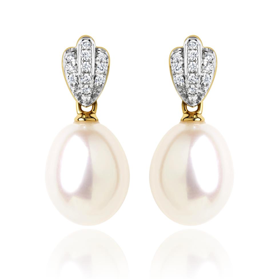 18ct Yellow Gold Freshwater Pearl and Diamond Drop Earrings  Image 1