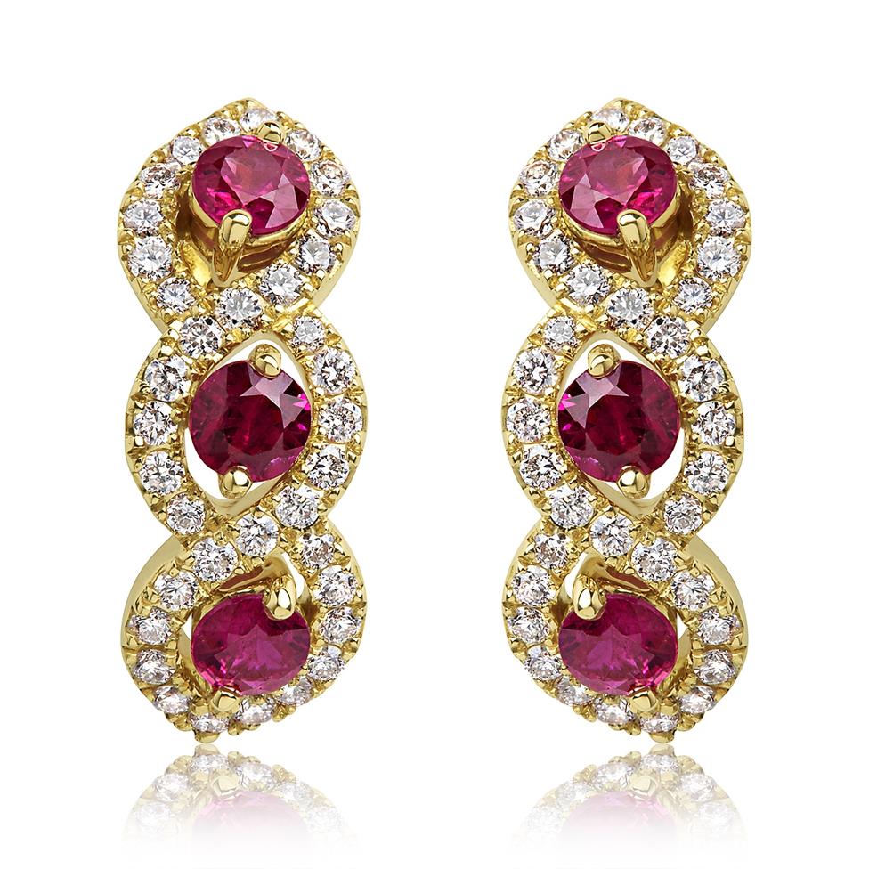 Oriana 18ct Yellow Gold Ruby and Diamond Semi Hoop Earrings Thumbnail Image 0