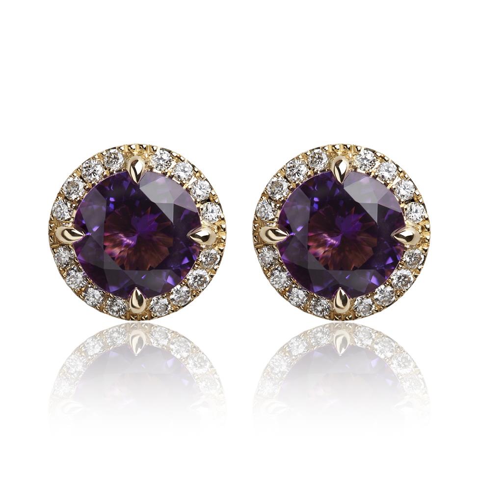 Camellia 18ct Yellow Gold Amethyst and Diamond Cluster Stud Earrings Thumbnail Image 0