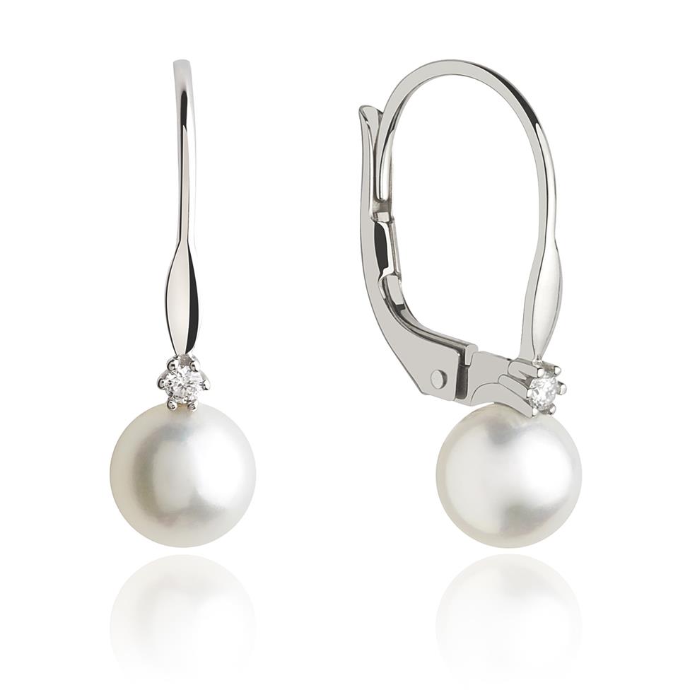18ct White Gold Freshwater Pearl and Diamond Drop Earrings Thumbnail Image 0