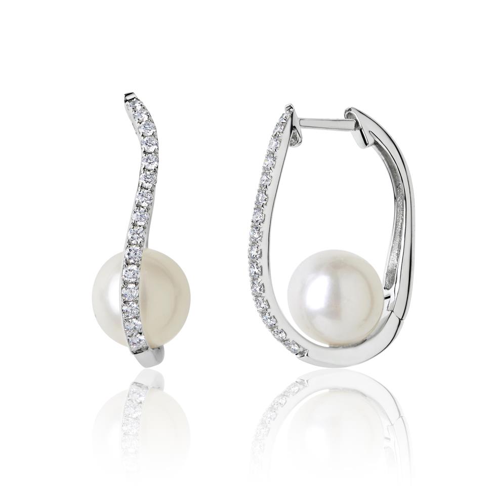 18ct White Gold Freshwater Pearl and Diamond Hoop Earrings Thumbnail Image 0