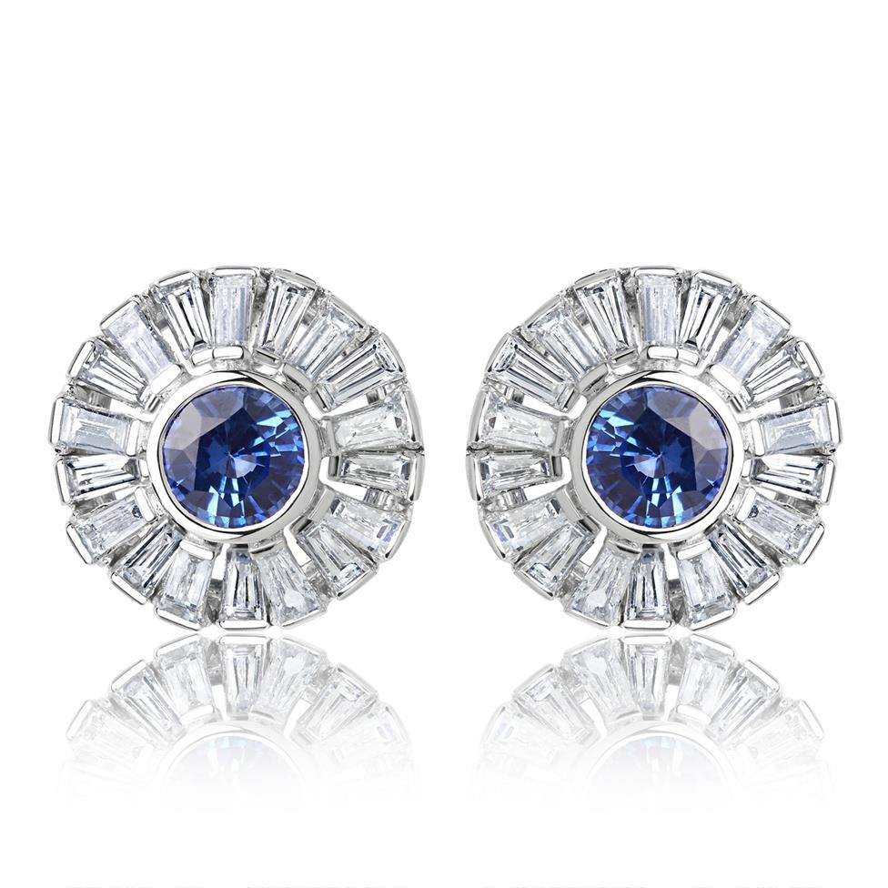 18ct White Gold Sapphire and Baguette Cut Diamond Cluster Stud Earrings Thumbnail Image 0