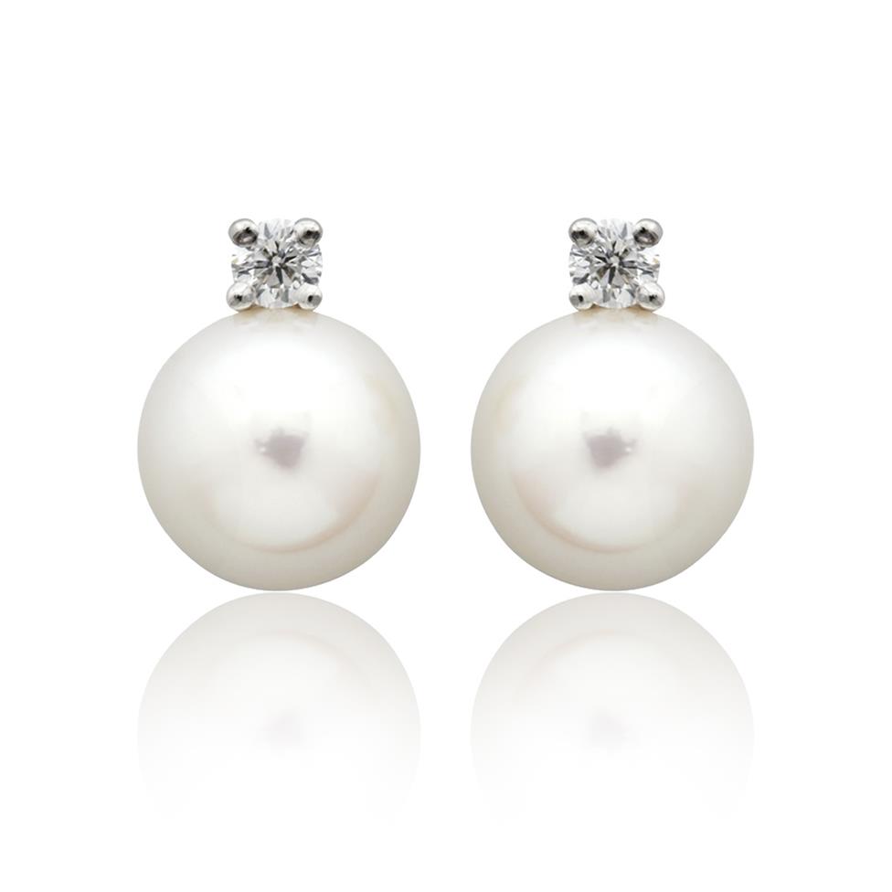 18ct White Gold Akoya Pearl and Diamond Drop Earrings 10mm Thumbnail Image 0