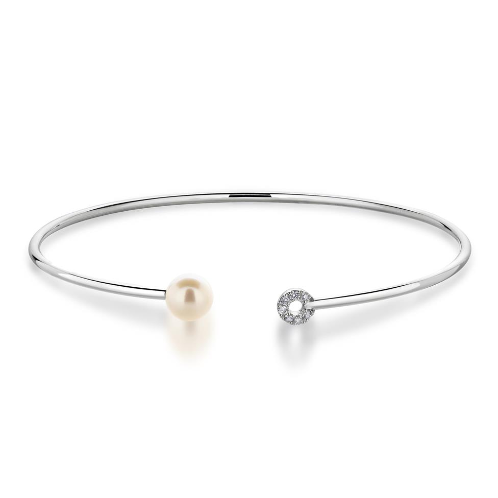 18ct White Gold Freshwater Pearl and Diamond Open Bangle Image 1