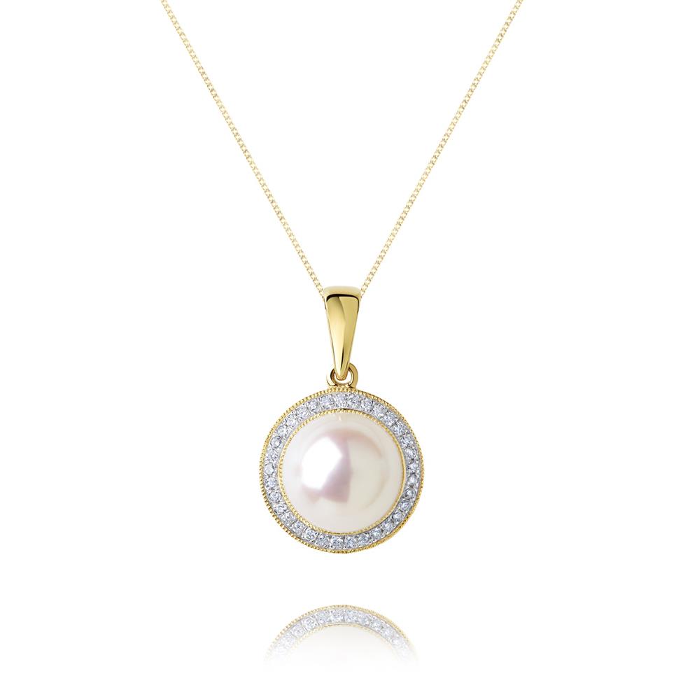 18ct Yellow Gold Freshwater Pearl and Diamond Halo Pendant Image 1