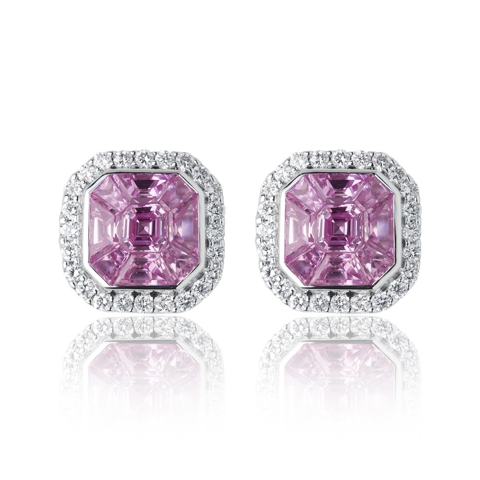 Odyssey 18ct White Gold Pink Sapphire and Diamond Cluster Earrings Thumbnail Image 0